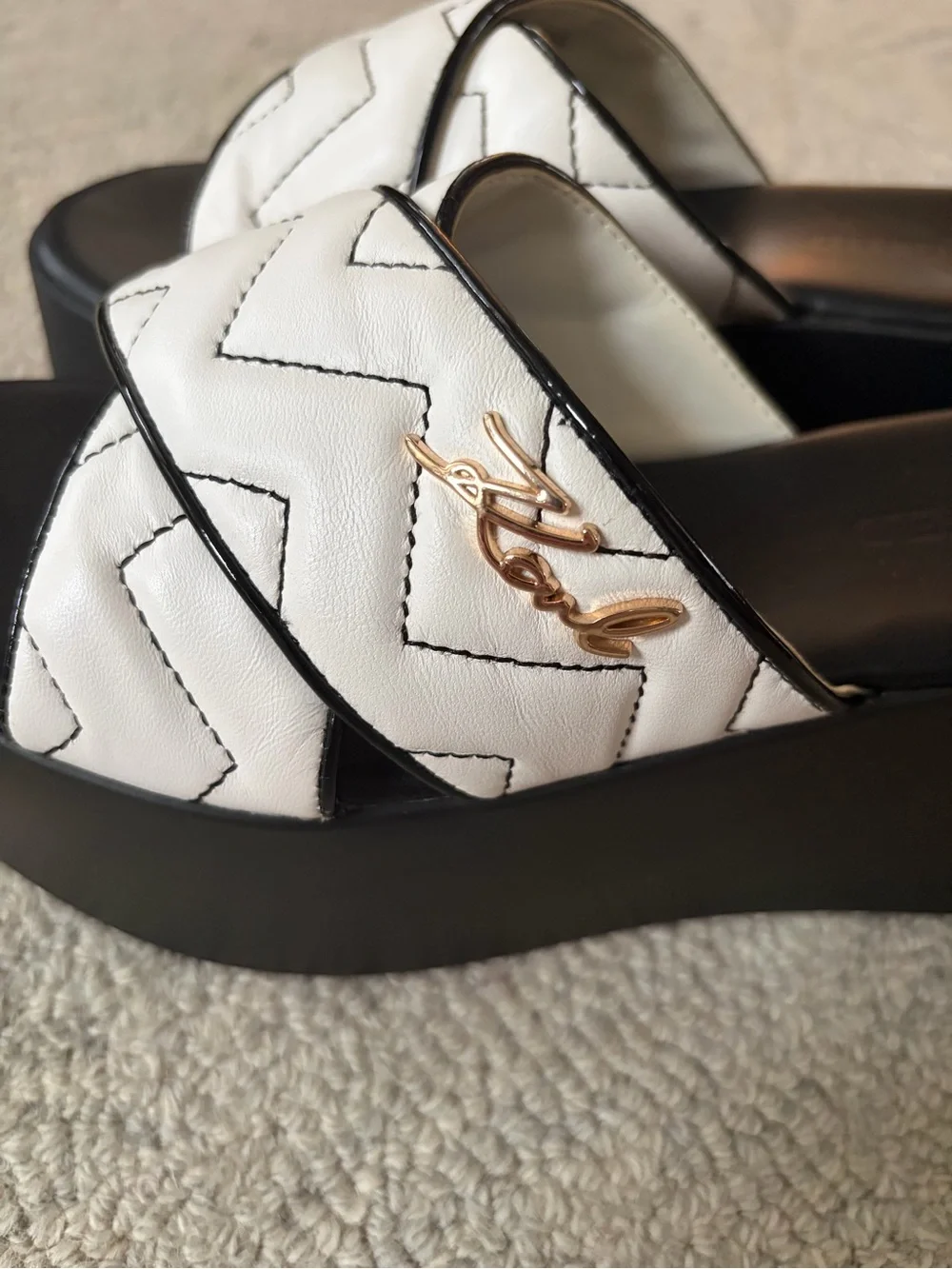 Karl Lagerfeld Paris Platform Slide Sandals Black White Logo Wedge Size 7.5
